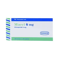 Viên nén Miaryl 4mg Hasan được sử dụng để điều trị bệnh đái tháo đường típ 2 (10 vỉ x 10 viên).