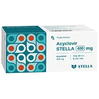 Acyclovir 400mg Stella Pharm dạng viên (10 vỉ x 5 viên) dùng để điều trị nhiễm Herpes simplex trên da và màng nhầy.