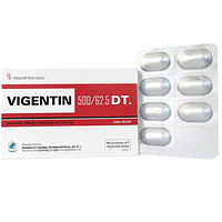 Thuốc Vigentin 500/62.5 DT Pharbaco được sử dụng trong việc điều trị các loại nhiễm khuẩn khác nhau ở đường hô hấp trên (2 vỉ x 7 viên)