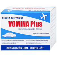 Thuốc Vomina Plus 50mg Medipharco dùng để phòng ngừa và điều trị các triệu chứng buồn nôn, chóng mặt khi say tàu xe (25 vỉ x 4 viên)