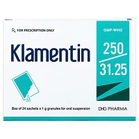 Cốm pha hỗn dịch uống Klamentin 250/31.25 của DHG Pharma dùng để điều trị nhiễm khuẩn đường hô hấp và đường tiết niệu (24 gói).