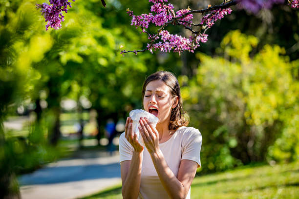 Young pretty woman blowing nose in front of blooming tree. Spring allergy concept Woman has sneezing. Young woman is having flu and she is sneezing. Sickness, seasonal virus problem concept. Woman being sick having flu sneezing. seasonal allergies stock pictures, royalty-free photos & images