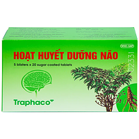 Hoạt Huyết Dưỡng Não bao đường Traphaco điều trị suy giảm trí nhớ, căng thẳng thần kinh (Hộp 5 vỉ x 20 viên)