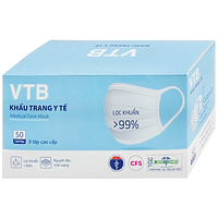 Khẩu trang y tế VTB màu trắng 3 lớp hỗ trợ ngăn khói, bụi, kháng khuẩn hộp 50 cái