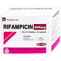 Sản phẩm Rifampicin 300mg của Mekophar dùng để chữa trị bệnh lao và phong, đóng gói 10 vỉ, mỗi vỉ chứa 10 viên.
