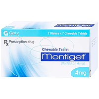 Montiget 4mg điều trị cho trẻ từ 2 - 5 tuổi trở lên viêm mũi dị ứng theo mùa hộp 2 vỉ x 7 viên nhai