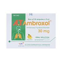 30 ống x 5ml dung dịch uống A.T Ambroxol 30mg An Thiên giúp làm loãng dịch nhầy trong trường hợp viêm phế quản và hen phế quản.